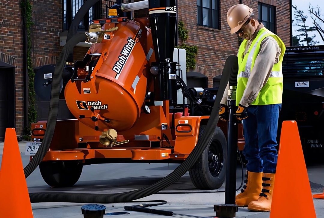 Hydrovac operator using Ditch Witch vacuum excavator on a residential job site in Ontario